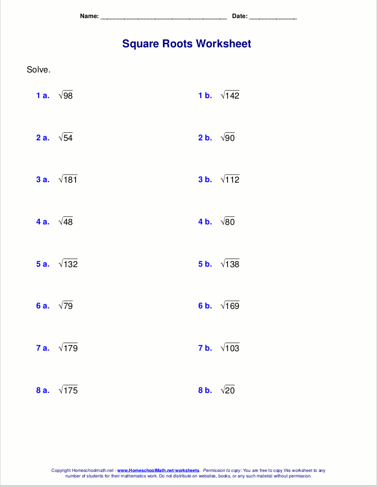 Free square root worksheets (PDF and html)