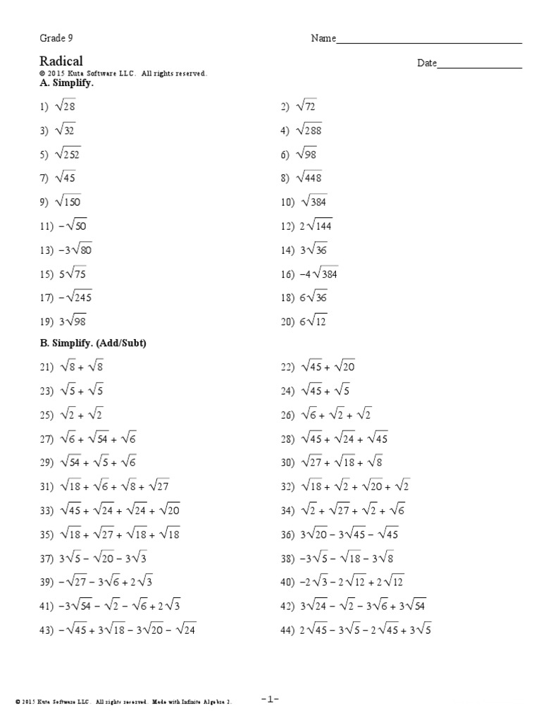 simplifying radicals worksheet answers