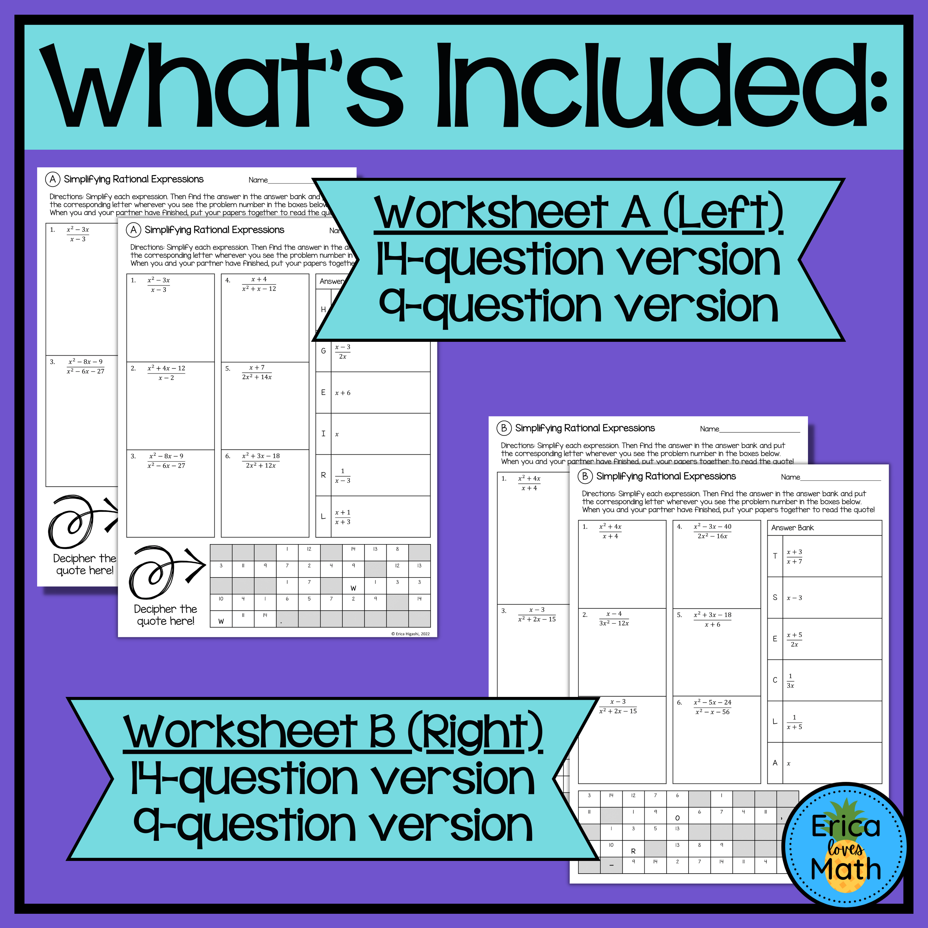 Simplifying Rational Expressions Differentiated Partner Worksheets Quotable
