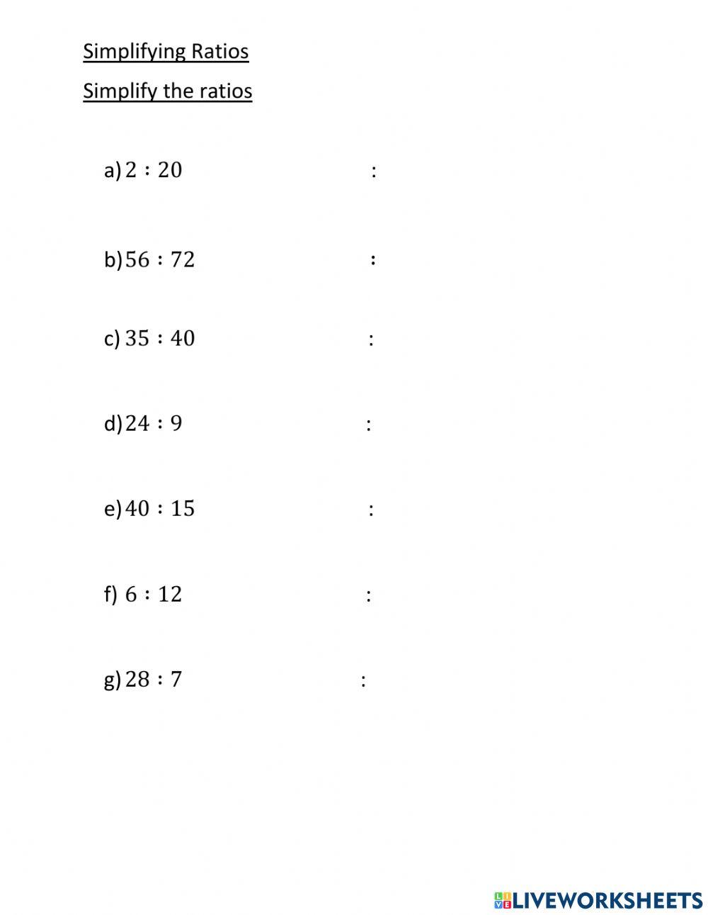Simplifying ratios activity  