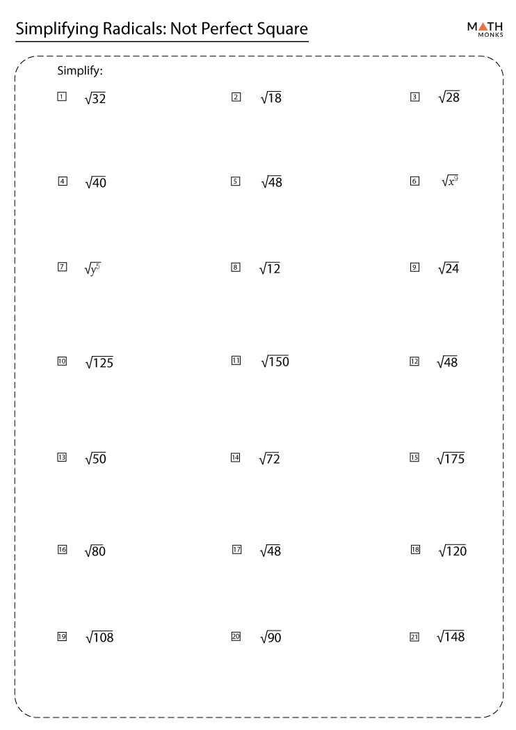 Simplifying Radicals Worksheets - Math Monks