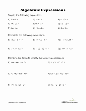 simplifying variable expressions worksheet