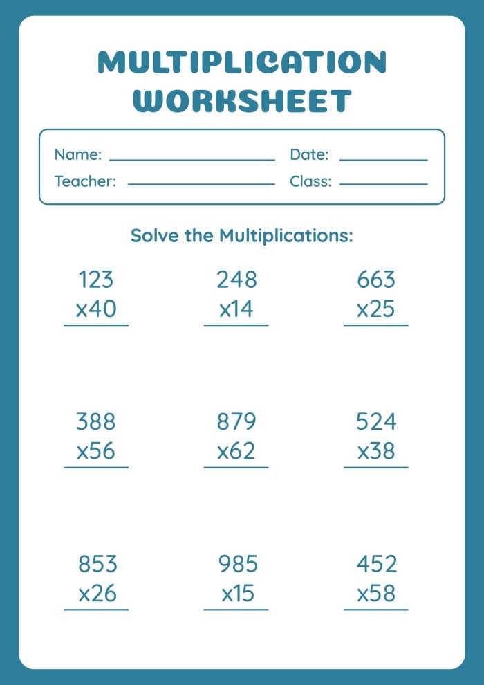 Free Simple Multiplication 3º Grade Worksheet template