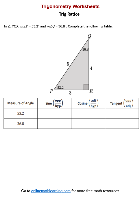 sine ratio worksheet