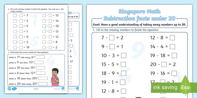 Singapore Math-- Subtraction facts under 20* (teacher made)