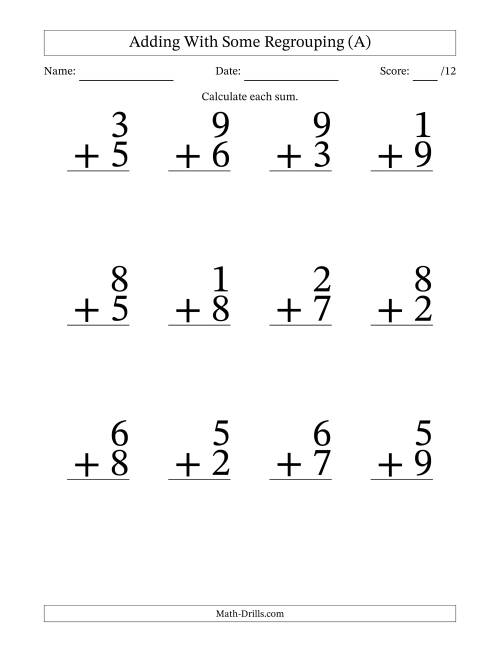 12 Single-Digit Addition Questions With Some Regrouping (A)