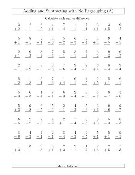 single digit addition and subtraction worksheet without regrouping