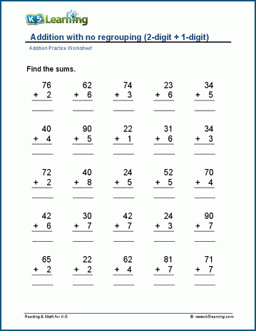 single digit addition and subtraction worksheet without regrouping
