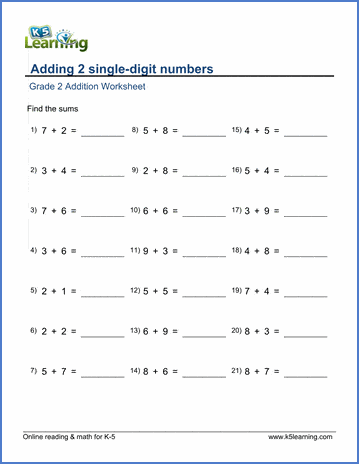 Grade 2 Math Worksheets - Adding 2 single-digit numbers | Worsheets library
