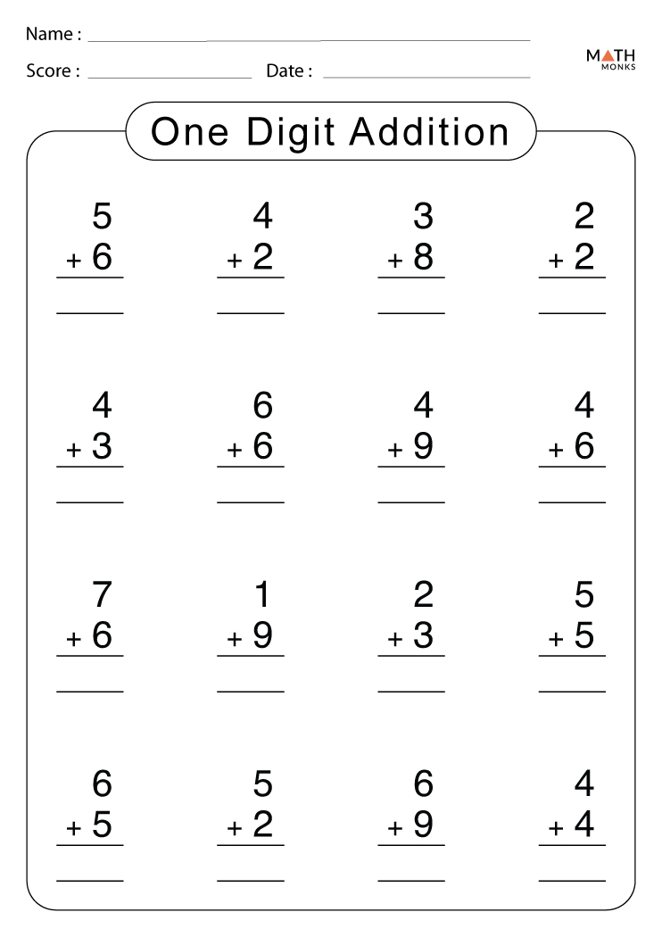 Single Digit Addition Worksheets with Answer Key