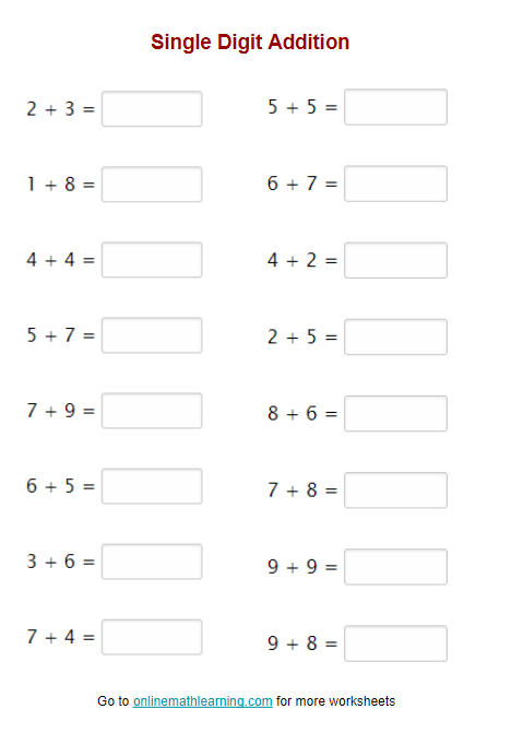single digit addition worksheet 2nd