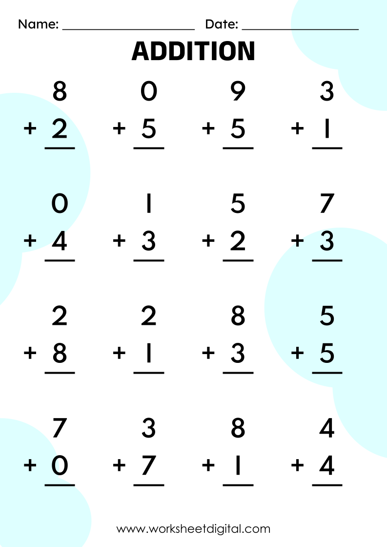 single digit addition worksheet 2nd