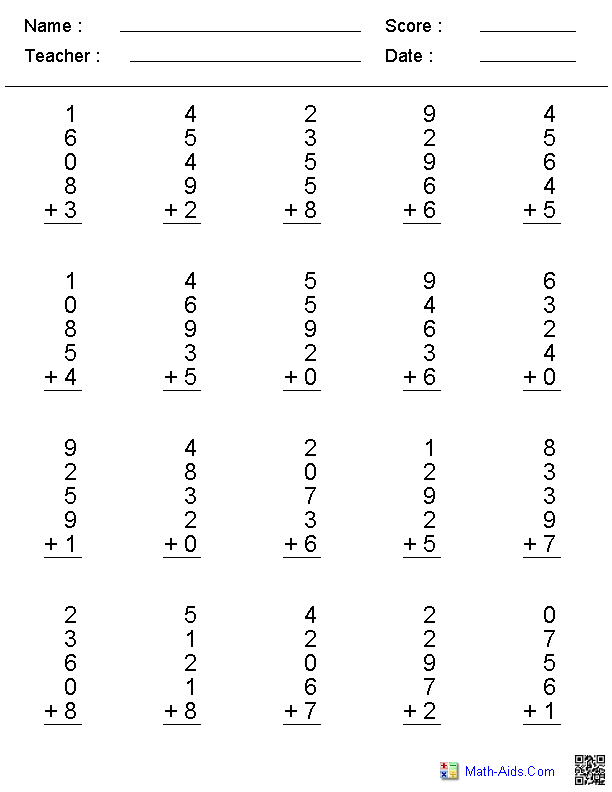 single digit addition worksheet first