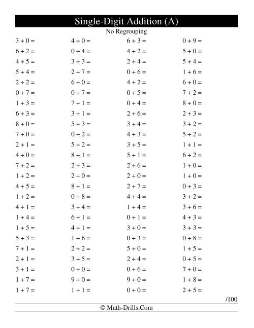 Single Digit Addition -- 100 Horizontal Questions -- No Regrouping (A)