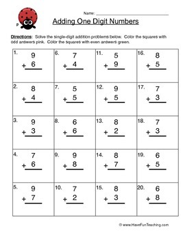 single digit addition worksheet without