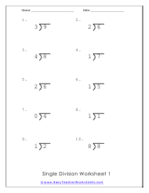 Single Digit Division Worksheets