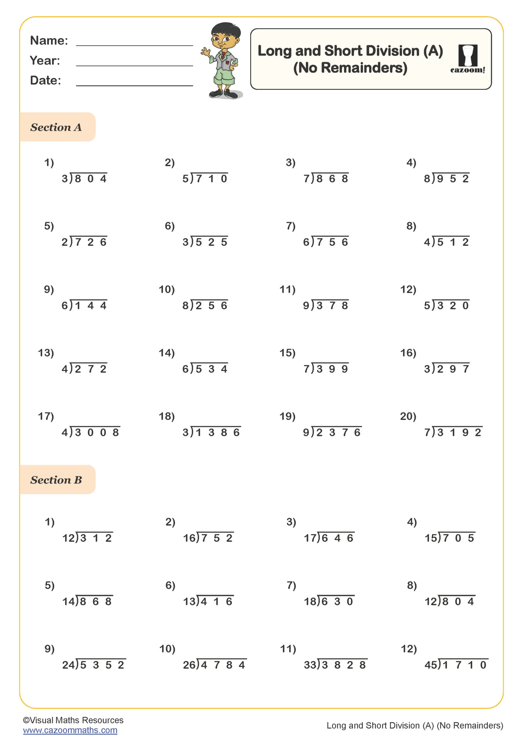Long and Short Division (A) Worksheet (No Remainders) | PDF ...