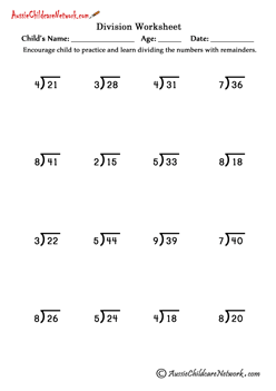 Single Digit Quotient Simple Division Worksheets (with Remainders ...