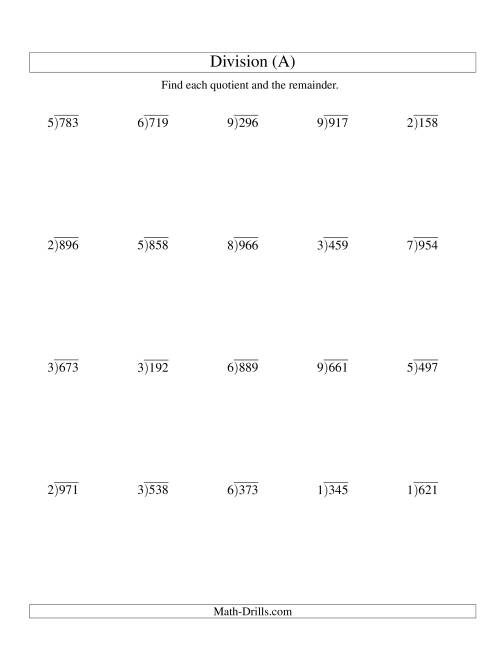 Long Division - One-Digit Divisor and a Three-Digit Dividend with ...