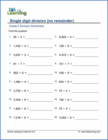 single digit long division worksheet