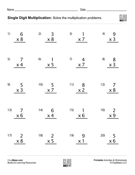 single digit multiplication worksheet grade 3
