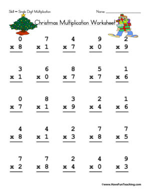 Christmas Single Digit Multiplication Worksheet  