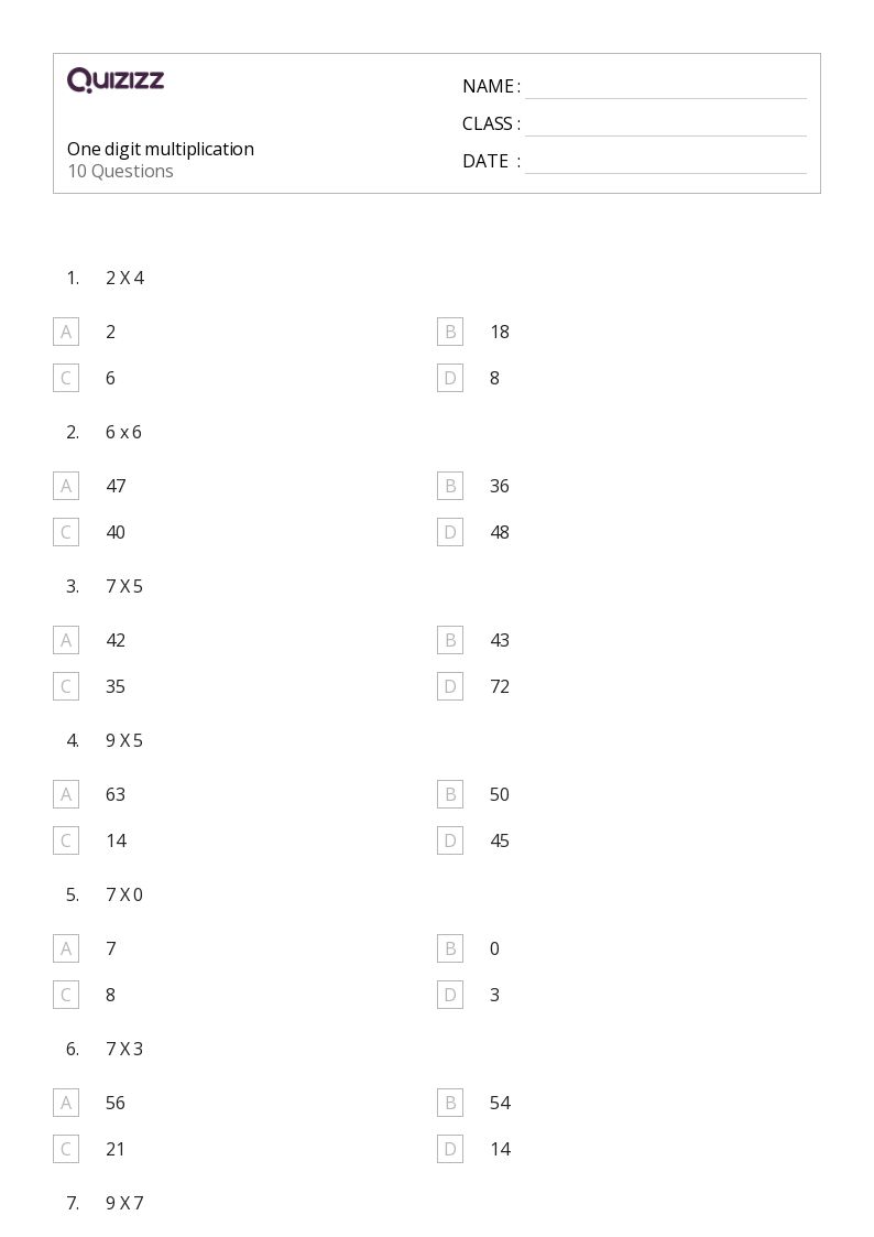 single digit multiplication worksheet grade 4