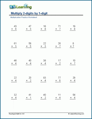 Multiply 2 x 1 digits worksheets | Worsheets library