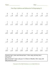 One-Digit Addition and Subtraction No Regrouping (I) Worksheet for ...