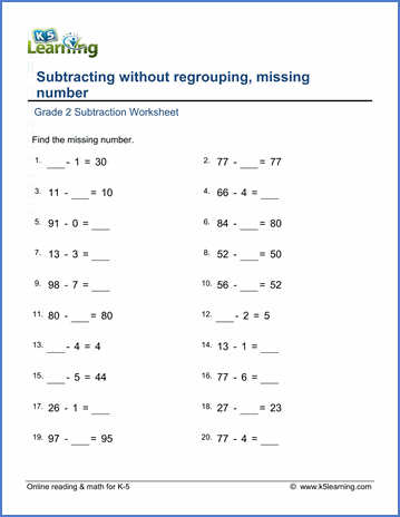 Subtraction from a 2-digit number, missing number and no borrowing ...