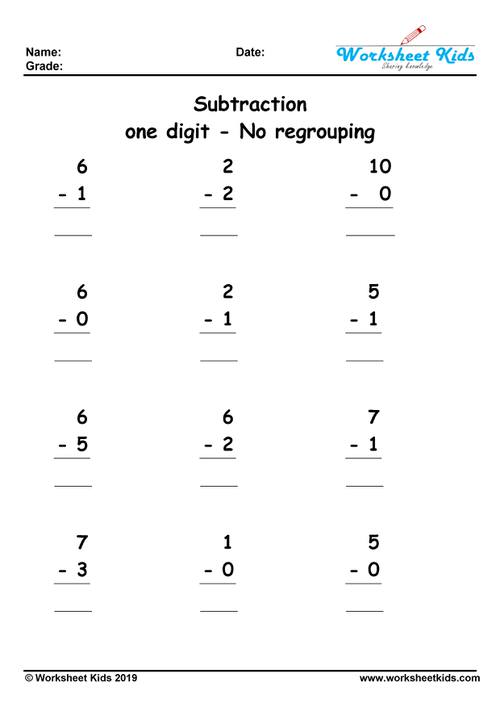 One Digit Subtraction No Regrouping Worksheets - Free Printable PDF
