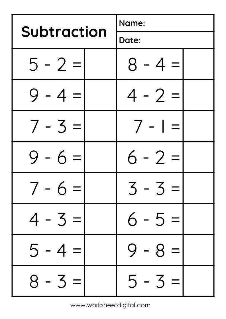 Subtraction Single Digit - Worksheet Digital