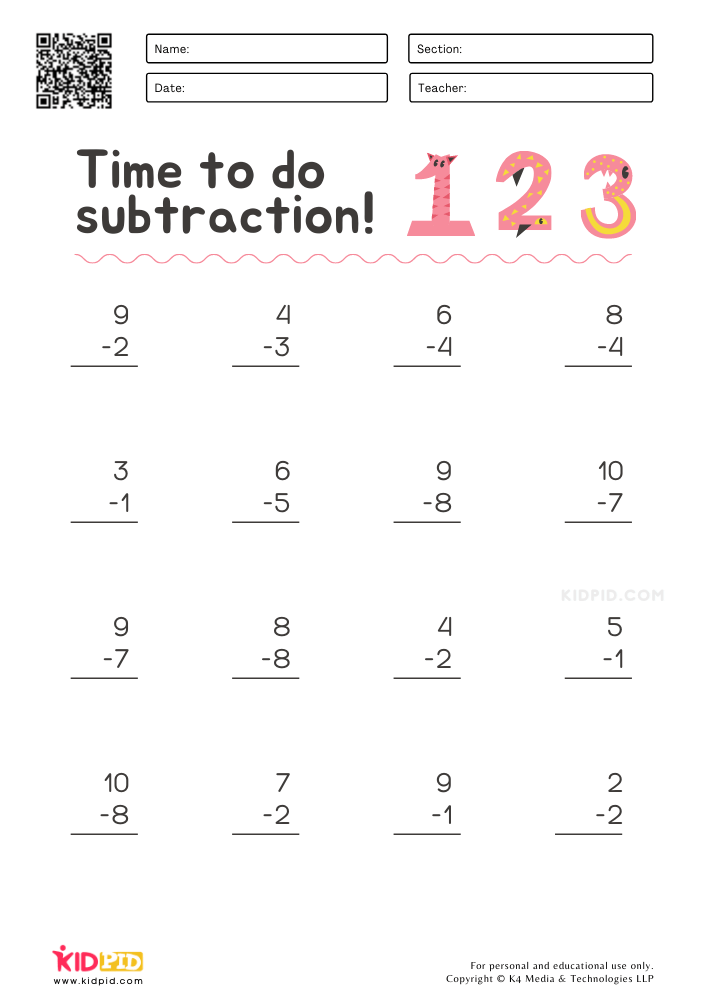single digit subtraction worksheet for kindergarten