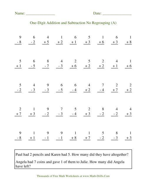 Adding and Subtracting Single-Digit Numbers -- No Regrouping (A)