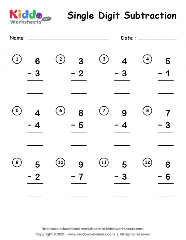 Free Printable Single Digit Subtraction Worksheet - kiddoworksheets