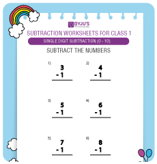 Single Digit Subtraction Worksheets for Grade 1 Kids with Free PDF
