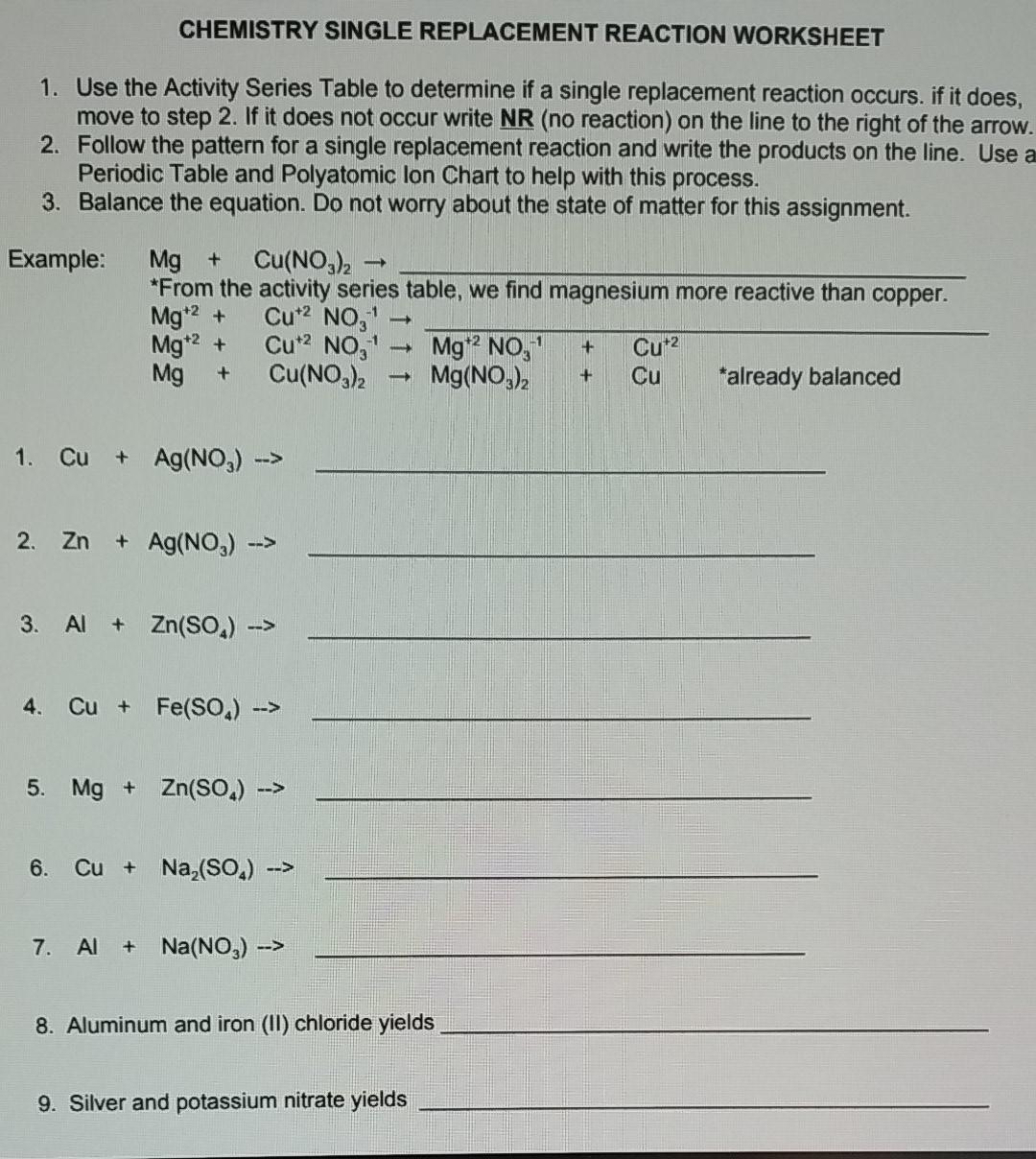 Free single replacement reaction worksheet answers Download Free