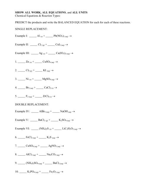single replacement reaction worksheet answers