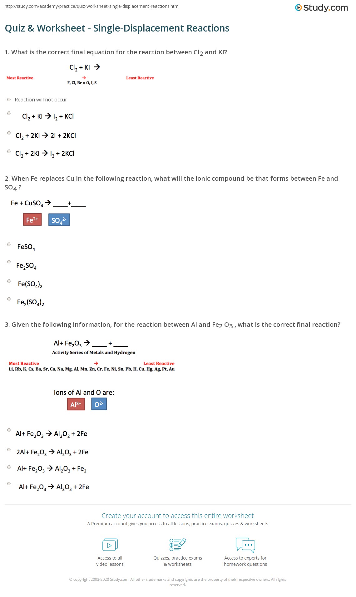 Quiz &  Worksheet - Single-Displacement Reactions | Study.com