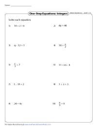 One Step Equation Worksheets