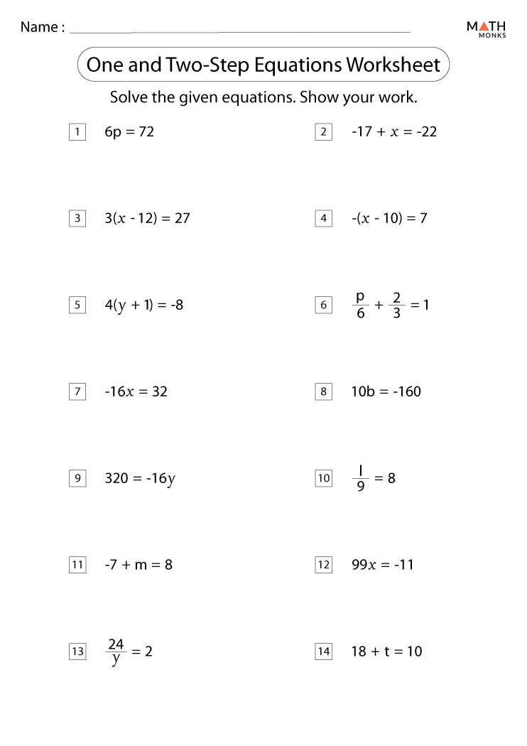 One and Two Step Equations Worksheets - Math Monks