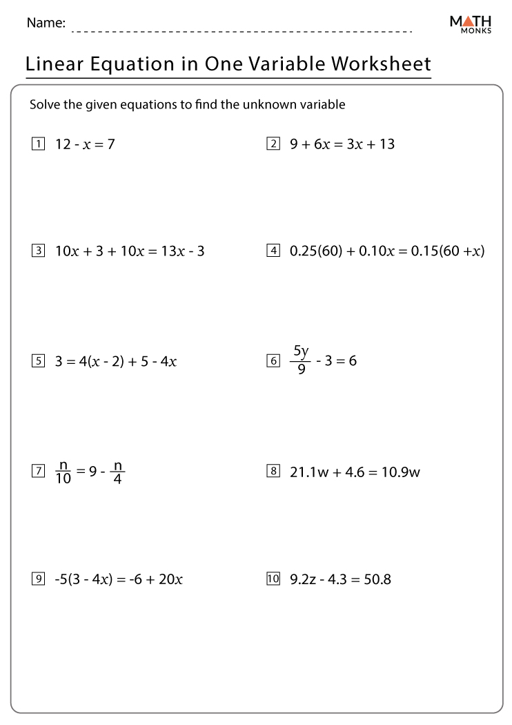 Linear Equations Worksheets with Answer Key