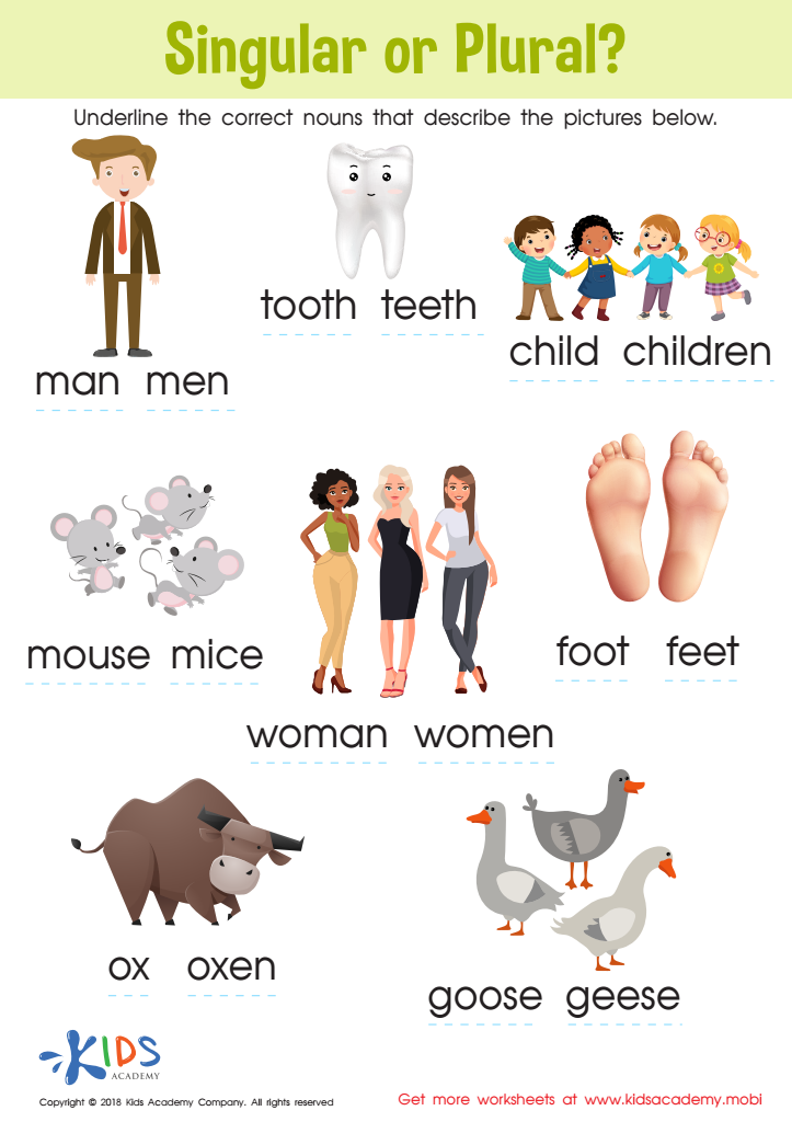 Singular or Plural? Part 2 Worksheet, Free Printable PDF for Kids