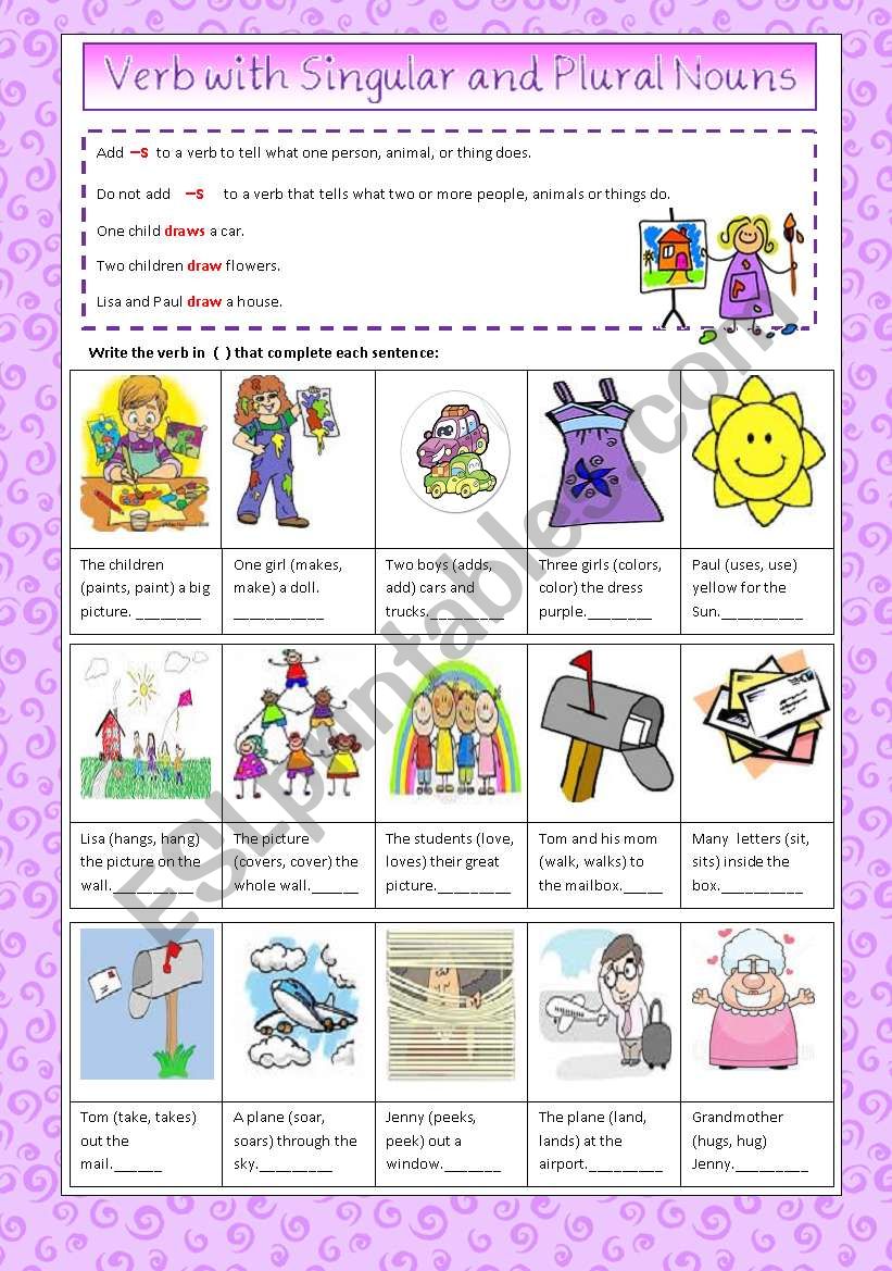 Verbs with Singular and Plural Nouns - ESL worksheet by VaneV