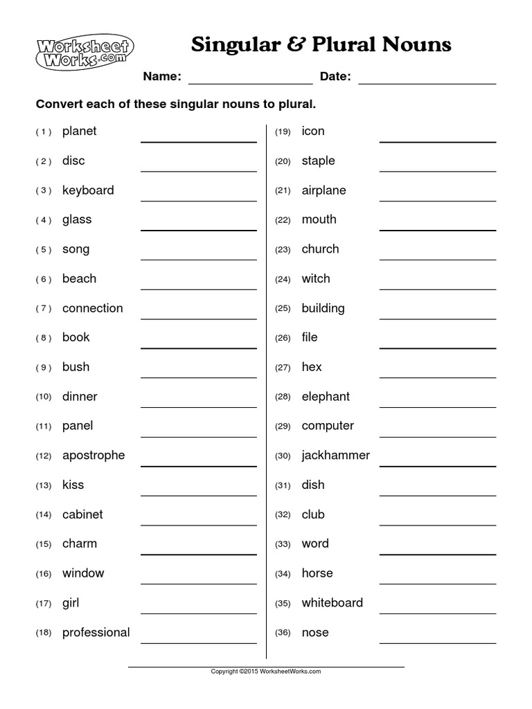 Singular &  Plural Nouns Worksheet | PDF | Plural | Syntactic ...