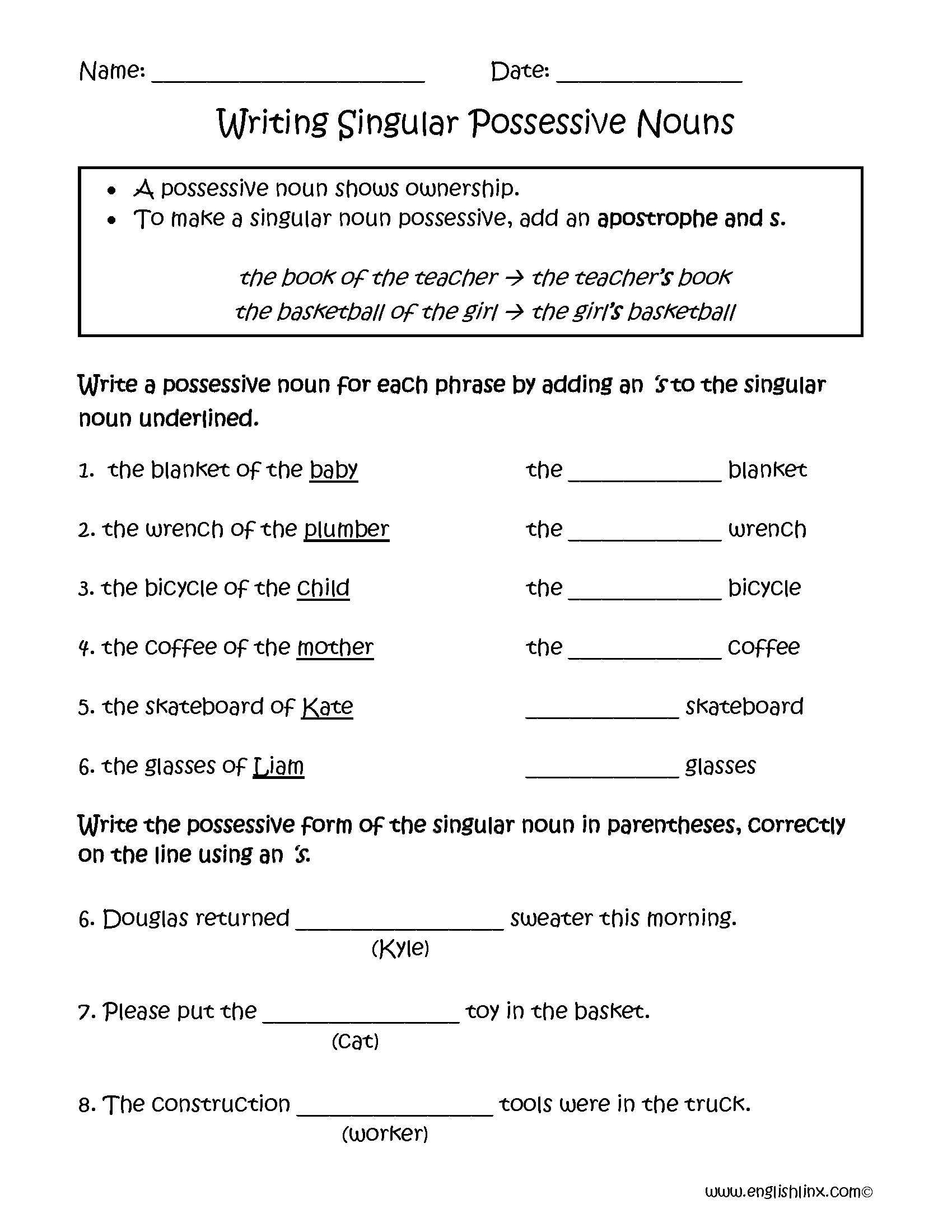 Possessive Nouns Worksheets | Writing Singular Possessive Nouns ...