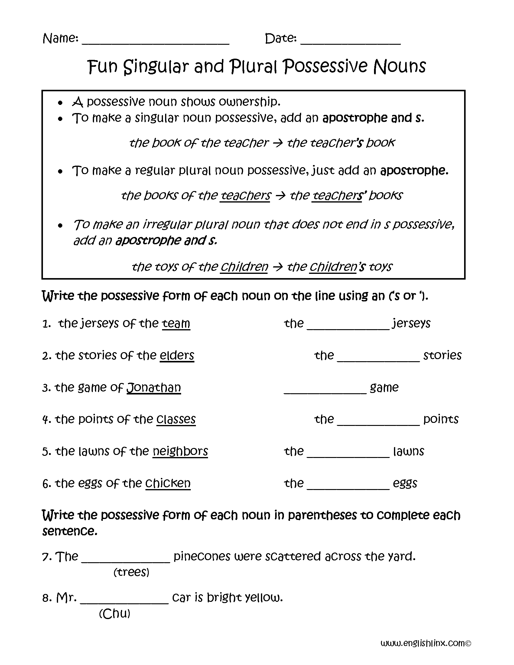 singular possessive nouns worksheet 4th grade
