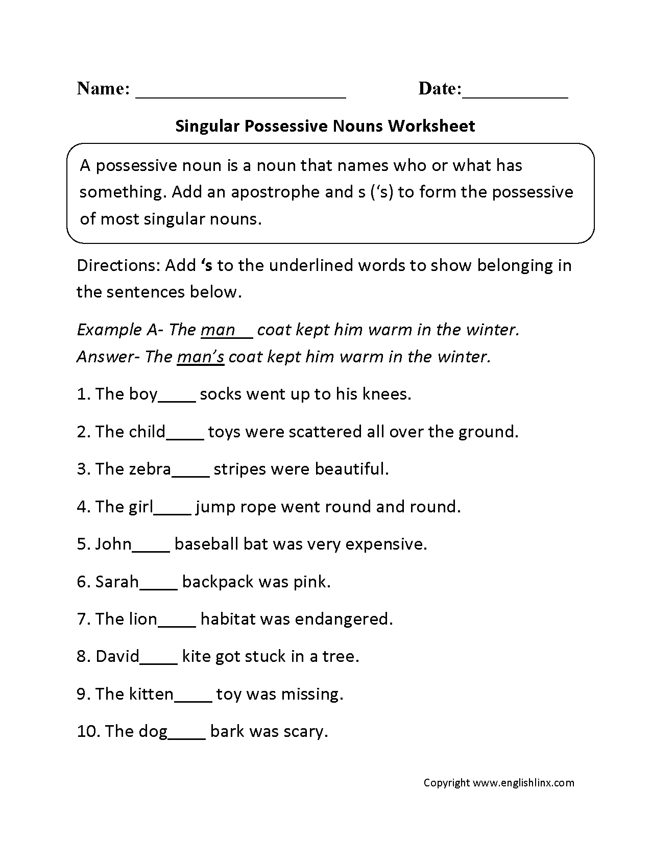 singular possessive nouns worksheet 4th grade