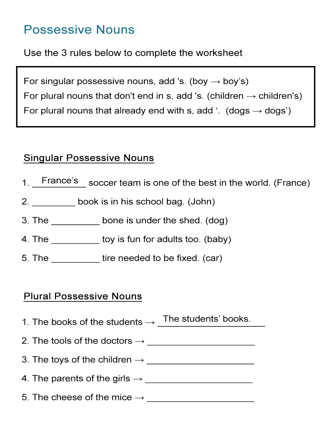 Possessive Nouns Worksheet - ALL ESL