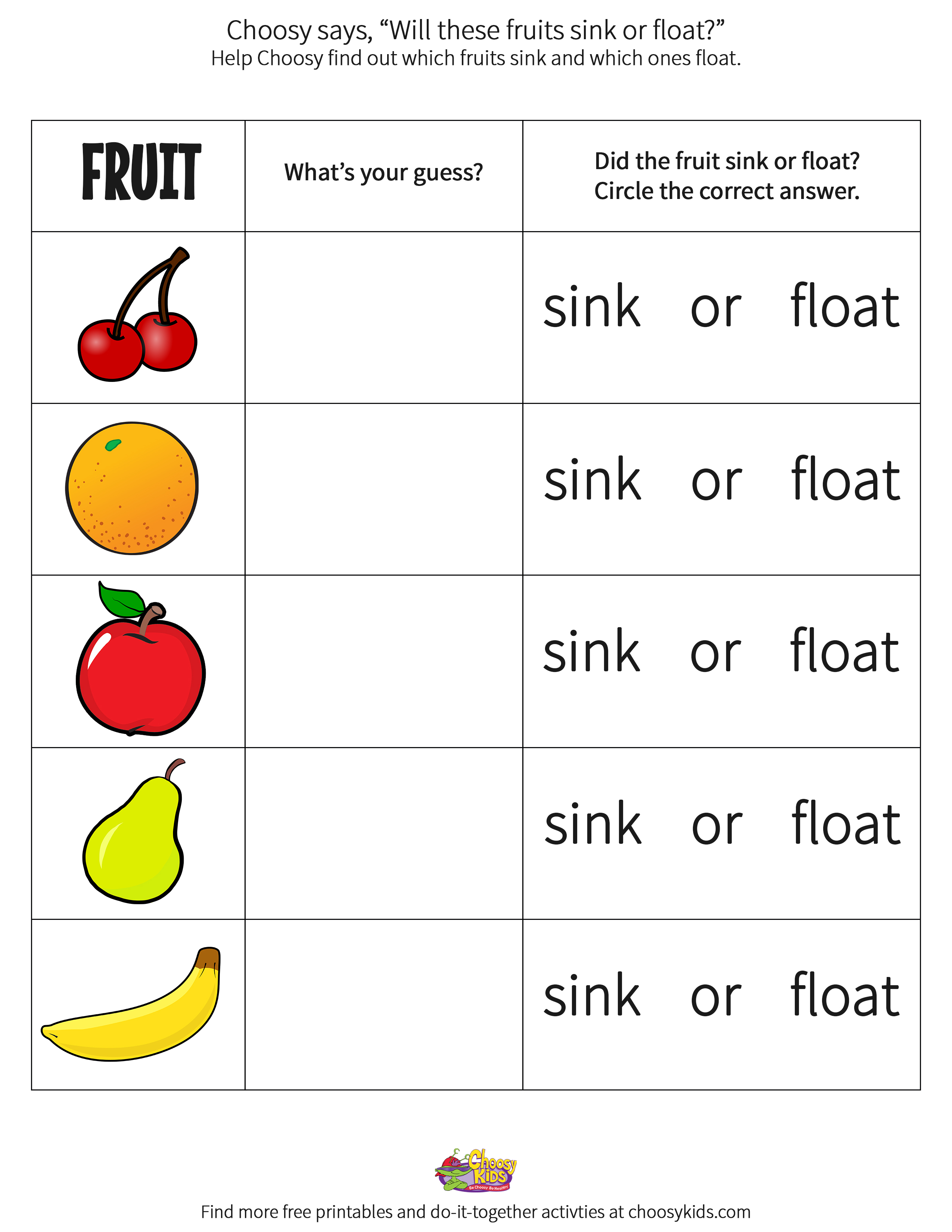 sink and float worksheet